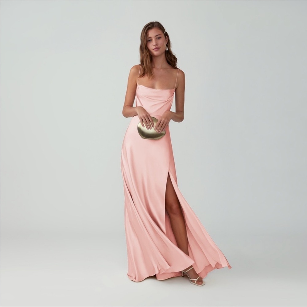Fame and Partners Strappy Draped Gown In Pink Satin Size 14 NWT